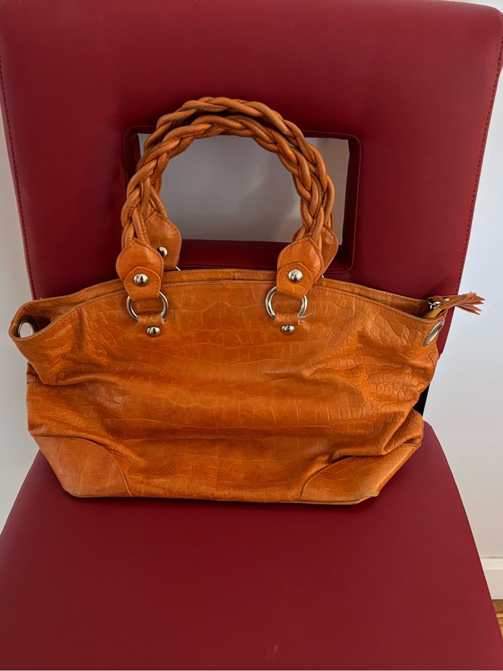 Textured Orange Shoulder Tote with Braided Handles